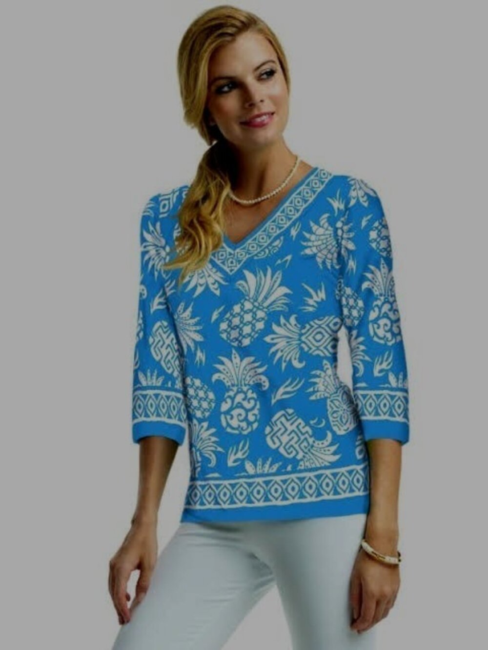 New Barbara Gerwit Coordinate knit Pineapple Print Top  Tropical Resort blue M